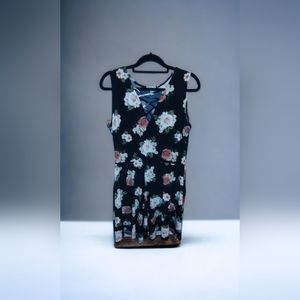 Flowy Soft Black Dress with Ivory and Rose Pink Flowers - Size XL